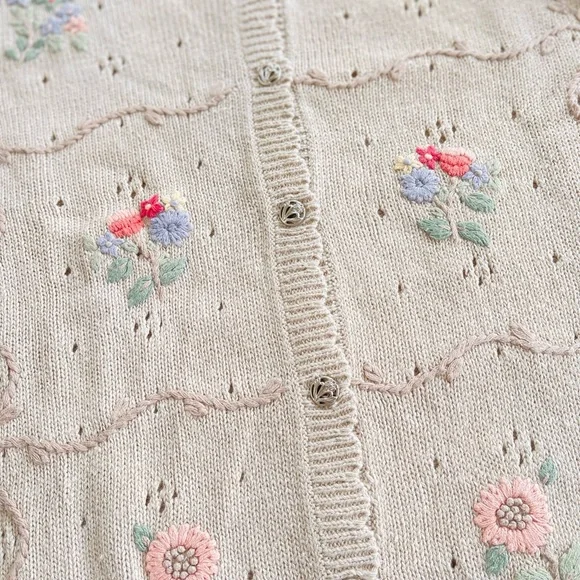 NWT Vintage Northern Reflections Tan Knit Embroidered Pastel Flowers Cardigan L - Picture 4 of 6